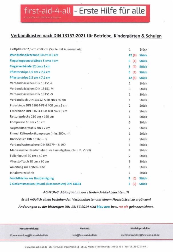 Verbandkasten DIN 13157:2021 mit Wandhalterung für Schulen 